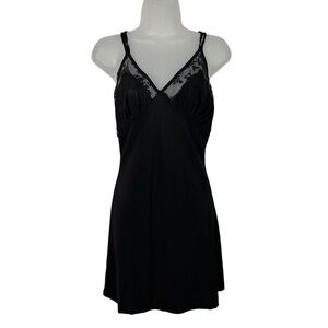 Vintage Y2K Black Floral Lace Trim Strappy Open Back Slip Mini Dress Medium M